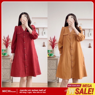 Váy suông nhung cổ V cài nút, đầm xuông rộng form chữ A tay dài bo phồng 2 màu đỏ, nâu mã V62 - Michi's House