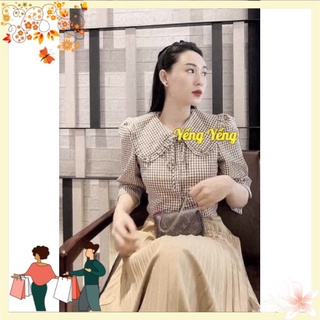 Anu395 - áo sơ mi kẻ caro be cổ bèo nơ cúc dừa