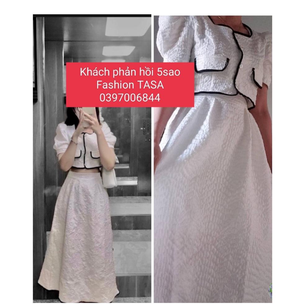 TTO Set váy nữ áo croptop trắng viền né đen phối chân váy xòe tiểu thư dự tiệc đám cưới nina lê