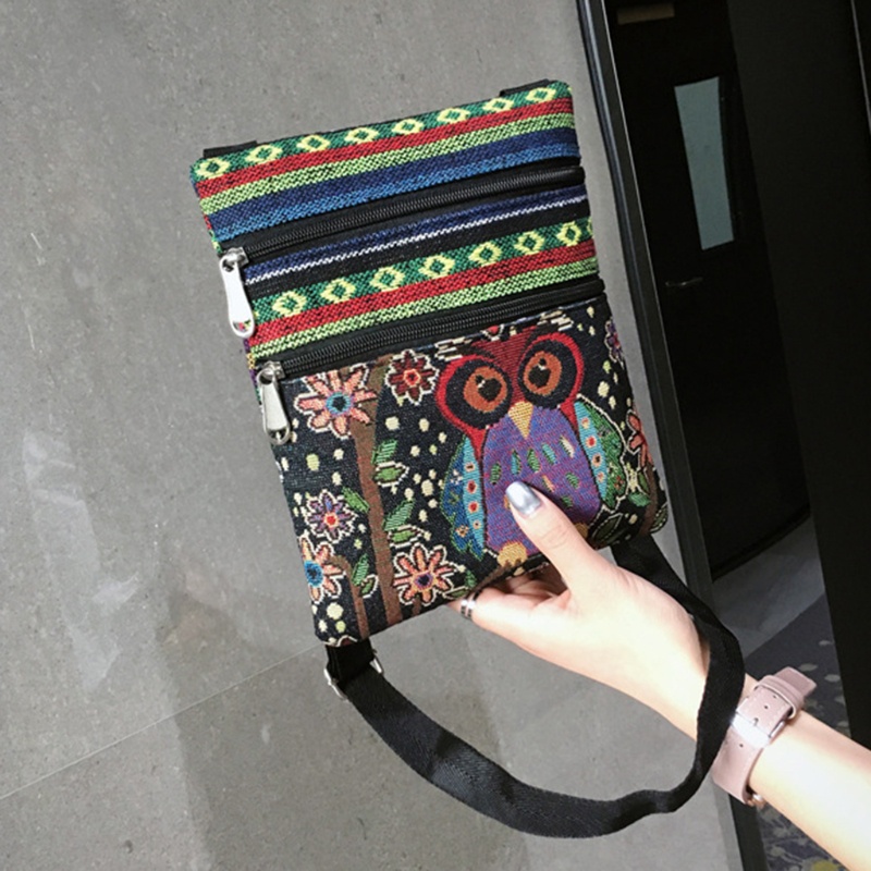 Túi Đeo Chéo Vải Canvas In Họa Tiết Chim Cú Phong Cách Bohemian Cổ Điển Thời Trang Cho Nữ