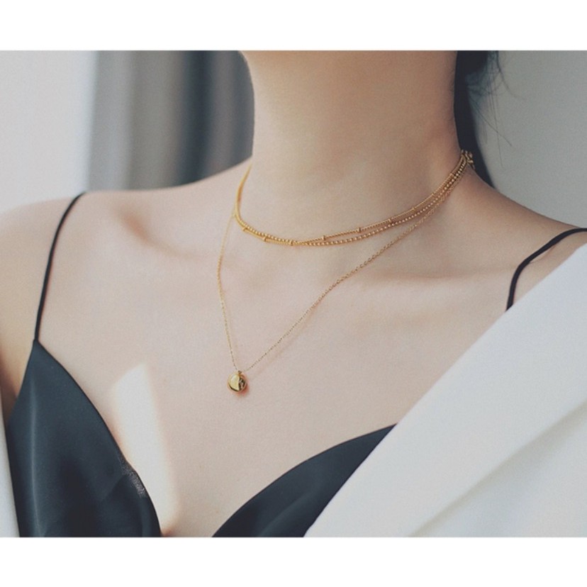 Vòng cổ hai lớp bằng thép titan mạ vàng hồng 18k/vàng không phai chống nước không gây dị ứng phong cách Nhật Hàn