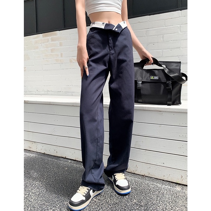 QKOOLE Quần jeans nữ  lưng cao ống đứng phong cách Hàn Quốc