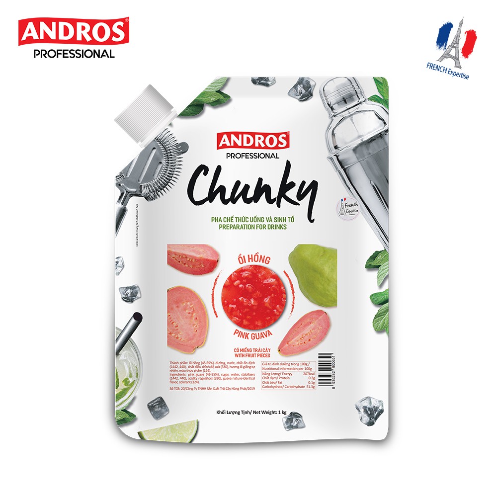 ANDROS - CHUNKY Ổi hồng - Nguyên liệu pha chế - Mứt Trái Cây - Túi 1 kg