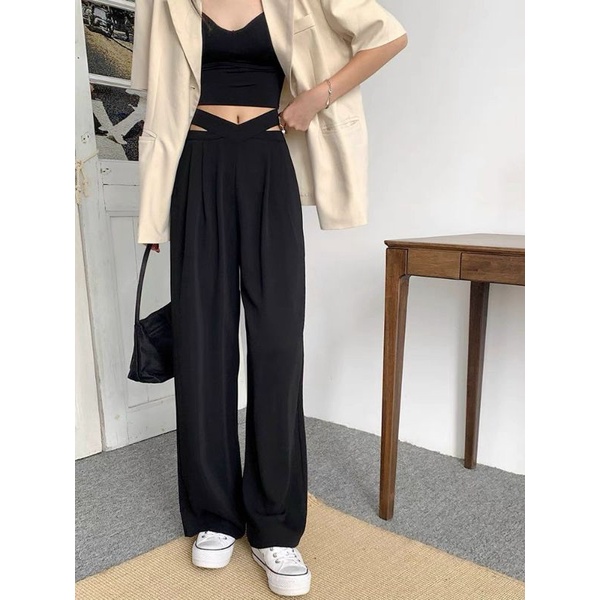 Quần ống rộng tuyết mưa đan chéo nữ, chất tuyết mưa 2 da mềm mịn, có size M và L, clothes ullzang hack dáng