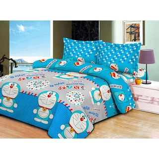 Bộ Vỏ Chăn Ga Gối Kèm Vỏ Gối Ôm Cotton POLY Doremon Sao Xanh Nâu