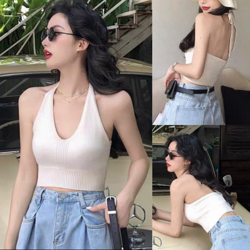 Áo Croptop Dệt Kim Sát Nách Cổ Chữ V Màu Trơn Thời Trang Cho Nữ