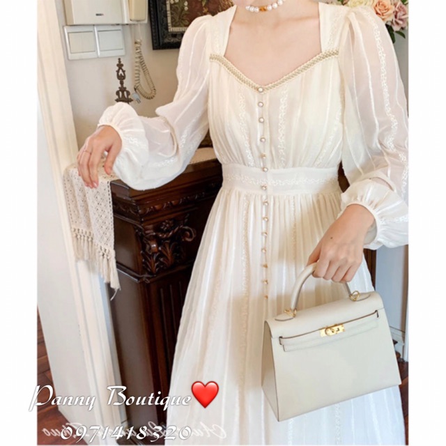 Đầm voan thêu nổi cổ vuông nút ngọc, style ulzzang Hàn Quốc 🌻 Panny Boutique 🌻