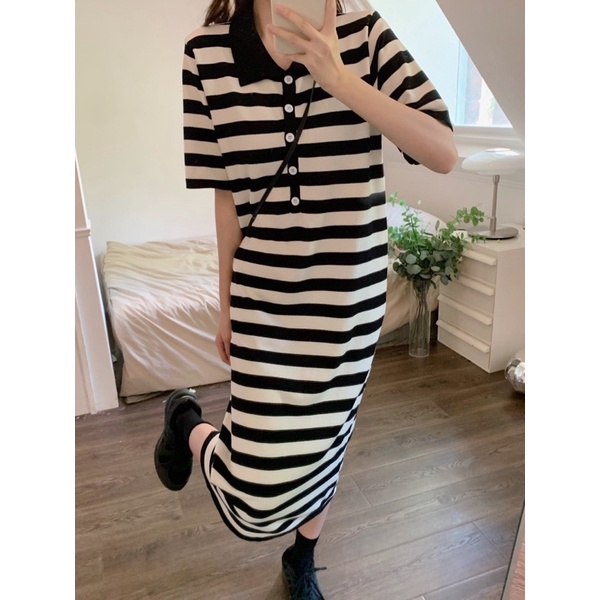 Đầm Len Kẻ Ngang Cổ Bẻ Dáng Dài Siêu Hot