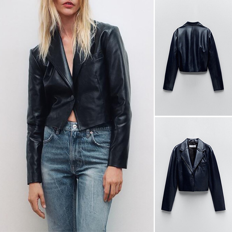 ÁO KHOÁC NỮ BLAZER DÁNG LỬNG DA MÀU XANH ĐEN