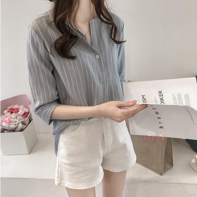 Áo sơ mi dài tay phối kẻ sọc form rộng duyên dáng sơmi nữ