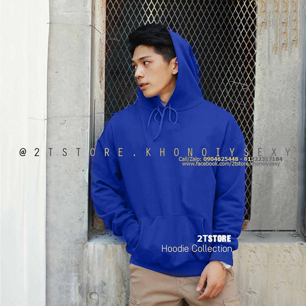 Áo hoodie unisex 2T Store H03 màu xanh dương navy - Áo khoác nỉ chui đầu nón 2 lớp dày dặn chất lượng đẹp