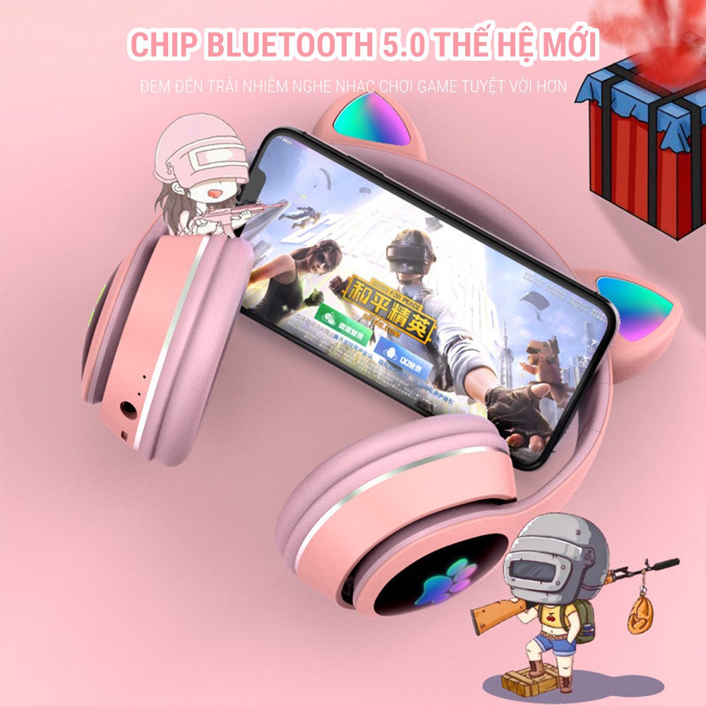 Tai nghe bluetooth Beartek tai mèo chụp tai VZV-23M đèn led đổi màu gaming