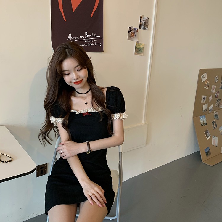 Xiaozhainv Đầm Tay Ngắn Cổ Vuông Phối Ren Phong Cách Hàn Quốc | BigBuy360 - bigbuy360.vn