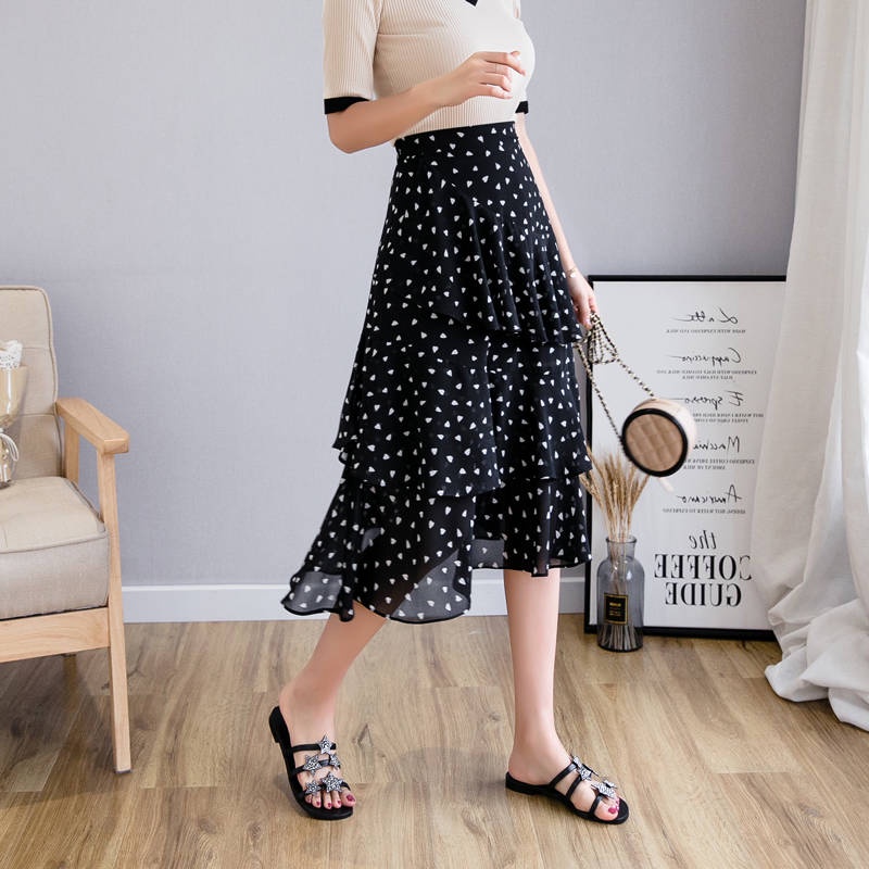 Chân Váy Chiffon Chữ a Lưng Cao Xếp Tầng Họa Tiết Chấm Bi Dành Cho Nữ
