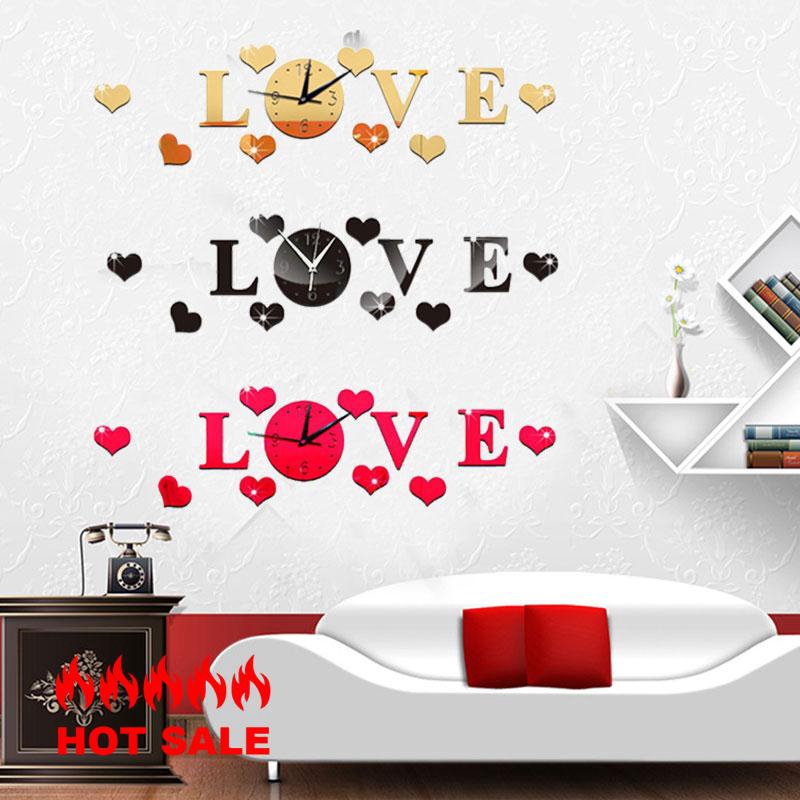 Nhãn dán tường hình chữ LOVE và đồng hồ mặt gương 3D sáng tạo