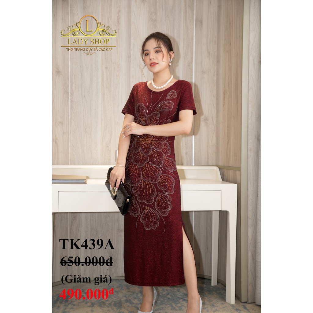 Thời trang trung niên -  Đầm quý bà cao cấp - Ladyshop - Sườn xám nhũ đen bông hoa đá to TK439