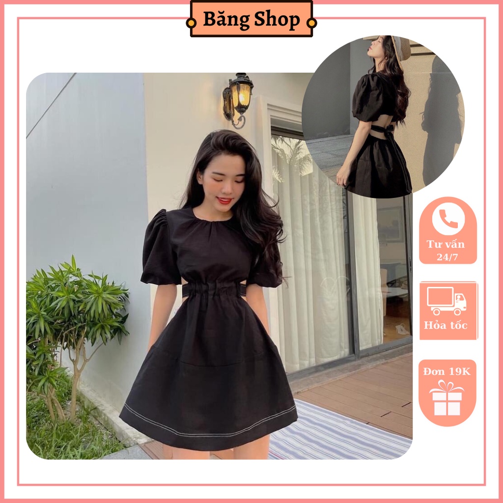 Váy khoét eo thắt nơ xinh xắn, váy đen cutout hở lưng dáng xoè < 58kg, kèm video
