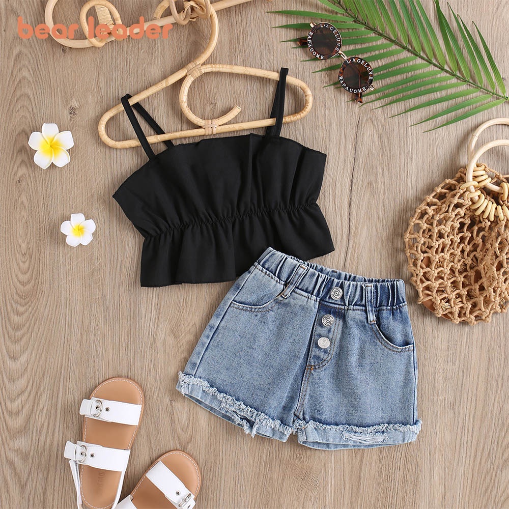 Trang phục Bear Leader gồm áo 2 dây và quần short denim 3D phong cách mùa hè cho bé gái 2-6 tuổi