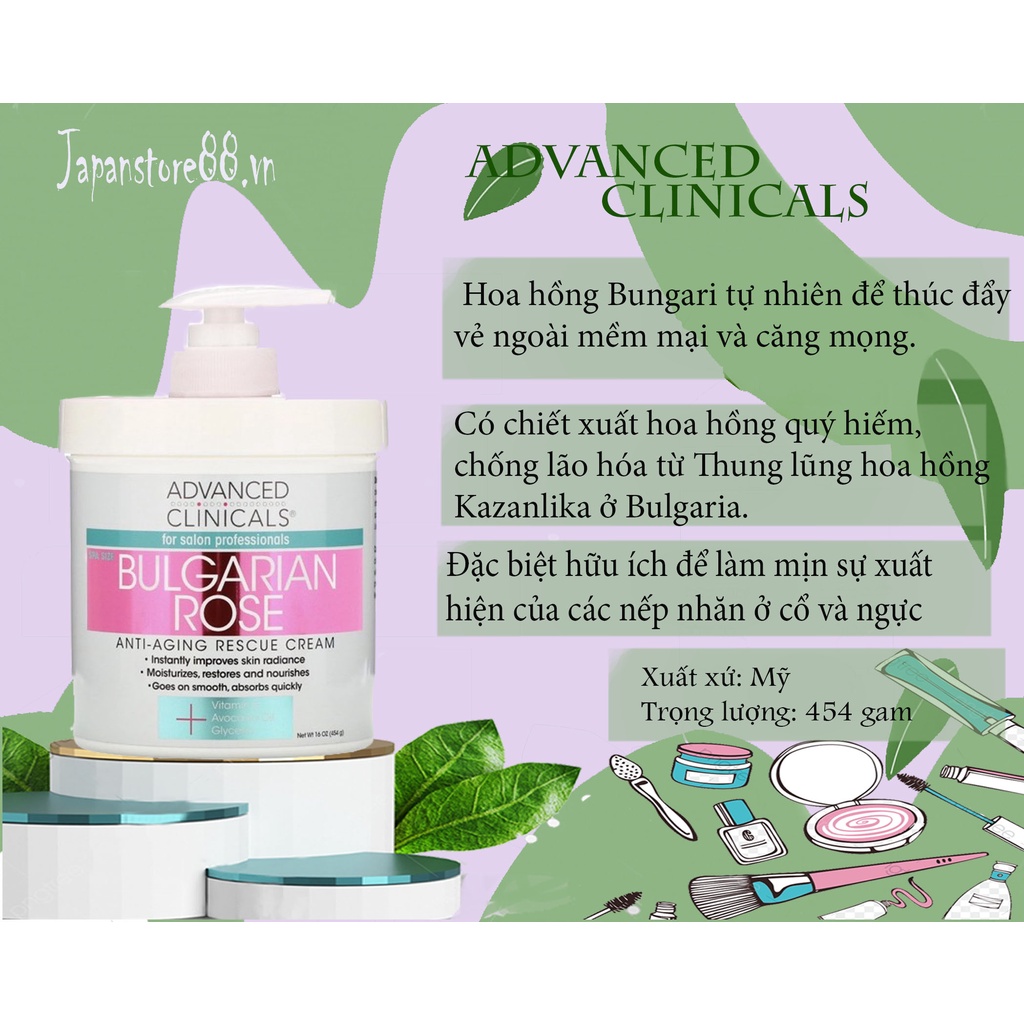 Kem dưỡng Bulgarian Rose 454g size spa Advanced Clinicals dưỡng ẩm phục hồi da khô