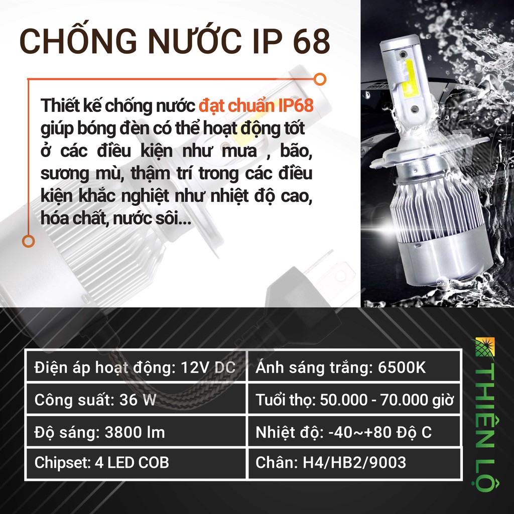 01 Bóng đèn pha LED xe máy, ô tô H4 HB2 9003 C6 Siêu sáng 36W lắp cho ô tô xe máy - Đèn pha cao cấp của Thiên Lộ