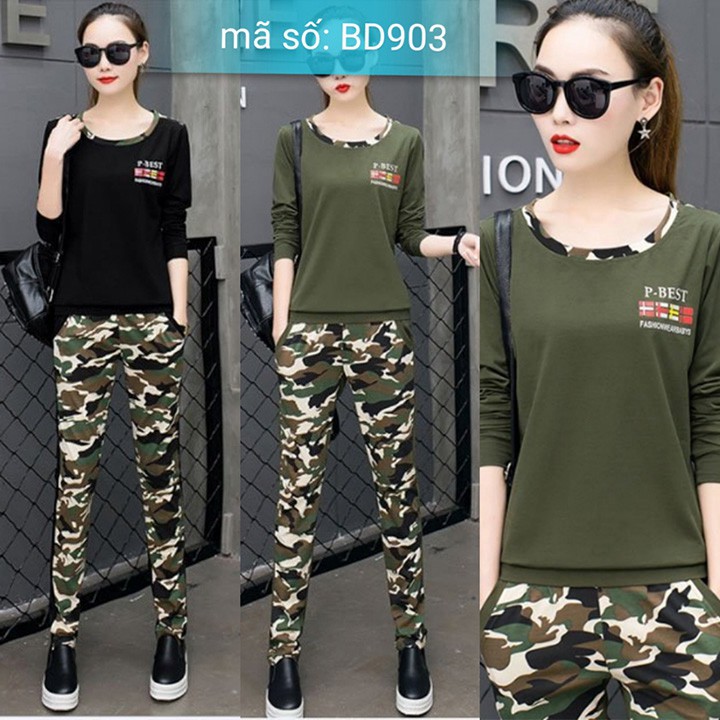 BD903 Set nguyên bộ đồ thể thao dài thu đông áo cố tròn họa tiết lính rằn ri