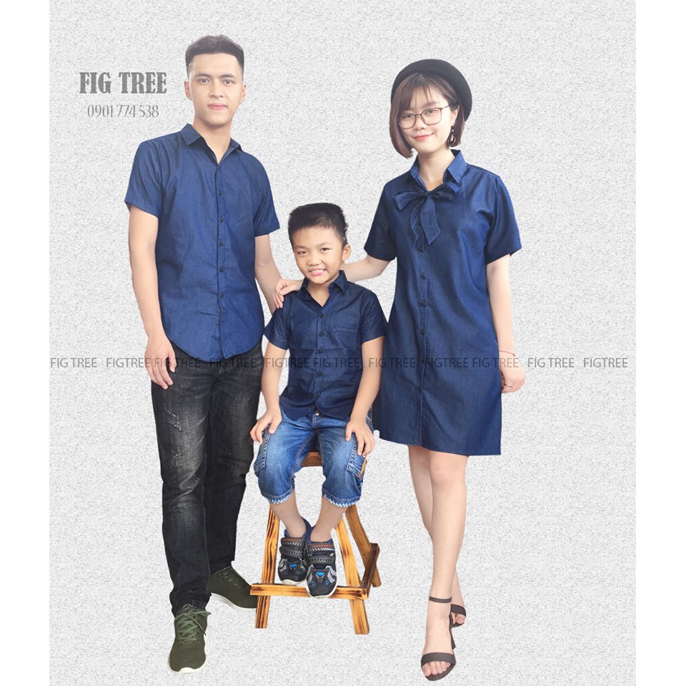 Áo sơ mi bé trai denim tay ngắn màu xanh đen FIG TREE