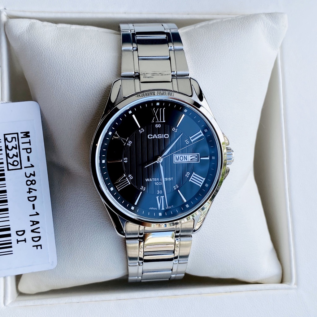 Đồng hồ Nam Casio MTP-1384D-1AV, đồng hồ chính hãng, dây bạc mặt đen