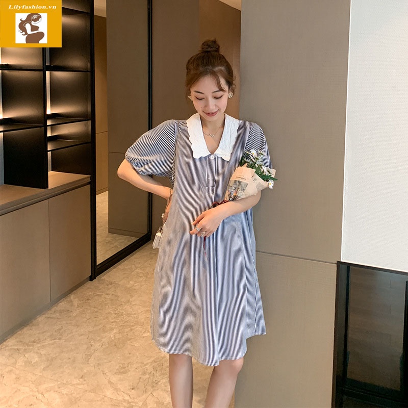 Váy đầm bầu sọc kẻ cổ sơ mi thiết kế công sở, dự tiệc cho mẹ bầu phong cách hàn quốc sang trọng lịch sự mới mùa hè