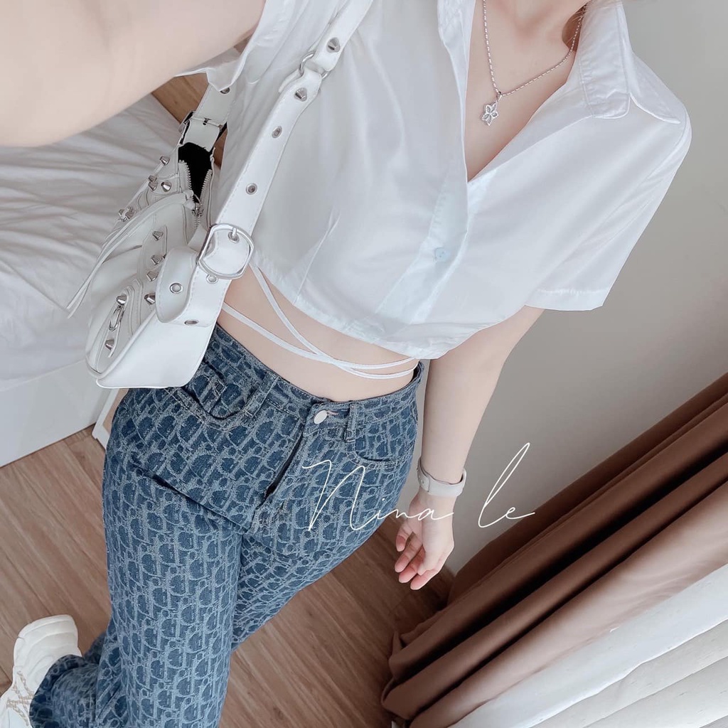 (MC)Áo sơ mi Tay Ngắn dáng croptop dây buộc quấn eo alohashop91