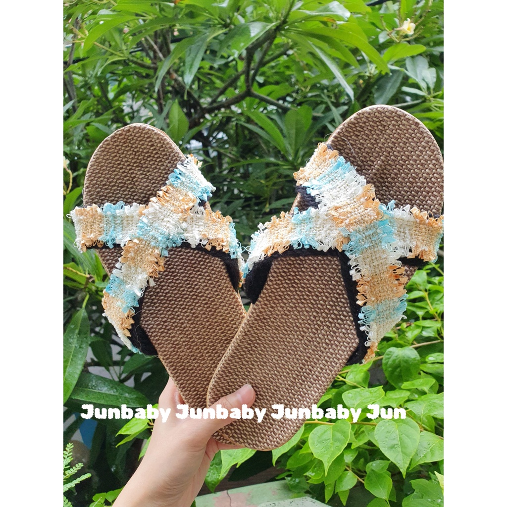 Dép cói thủ công dây chất dạ tuyết siêu phẩm handmade vintage, đi biển, mang nhà, đi chơi, Hàn Quốc