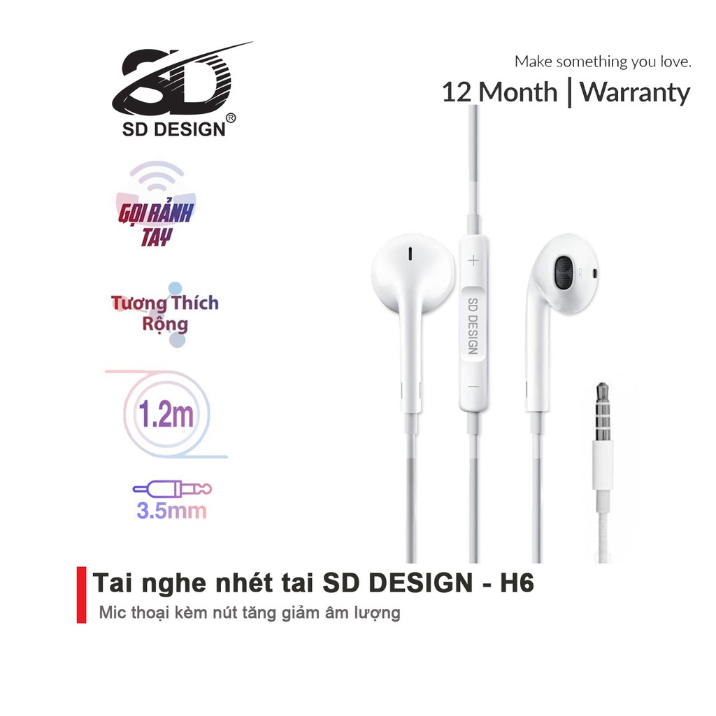 
                        Tai nghe dây SD Design H6 3 5 mm, bass ấm, có mic và nút tạm dừng nhạc, tai nghe nhét tai, Aha Case
                    