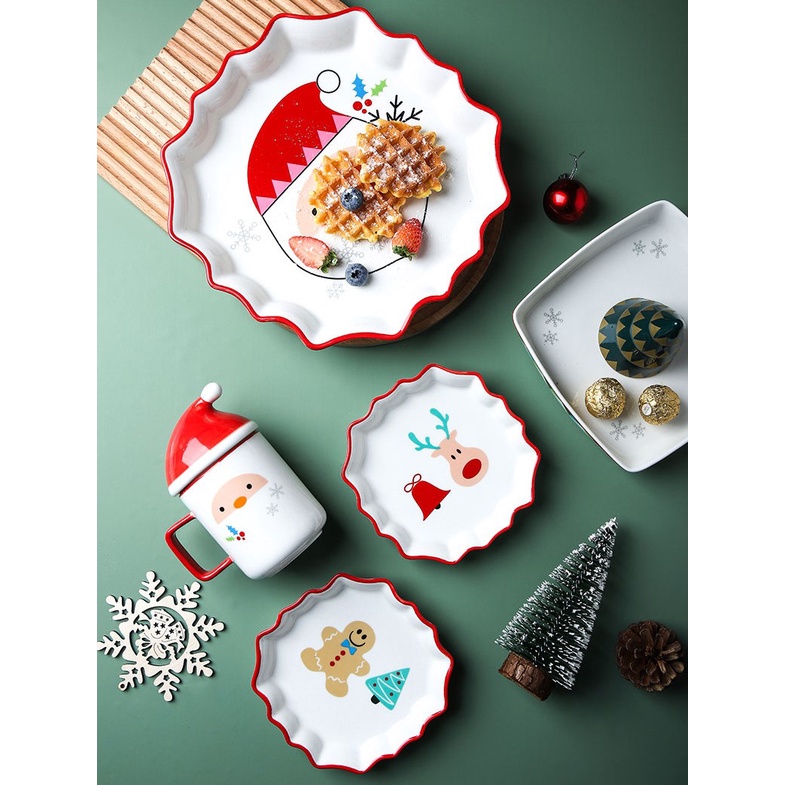 Set đĩa tráng miệng, đĩa thức ăn, cốc gia đình gốm hình tuần lộc, ông già Noel, cây thông Giáng sinh dễ thương mớ