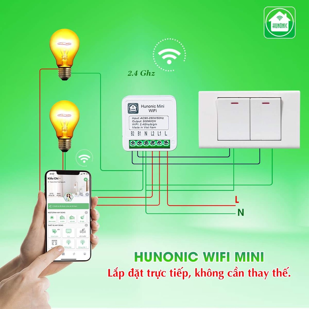 Công Tắc Thông Minh Wifi Hunonic Mini Điều Khiển Từ Xa Qua Điện Thoại, Hẹn Giờ Tự Động, Hàng Việt Nam.