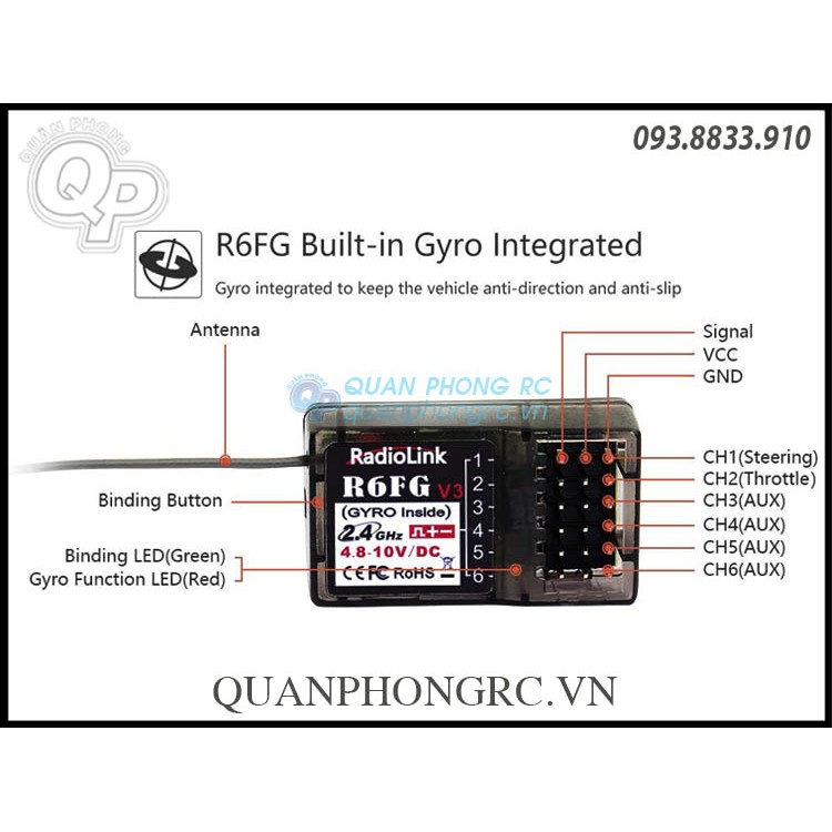 Bộ Thu Sóng Dành Cho Xe/ Tàu Radiolink R6FG V3 2.4GHz 6 CH FHSS Receiver HV Gyro For RC4GS RC3S RC4G T8FB RC6GS