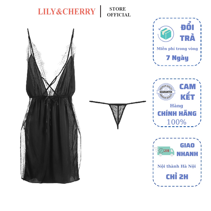 Váy ngủ lụa VN056 sexy viền ren xẻ tà gợi cảm kèm quần chip