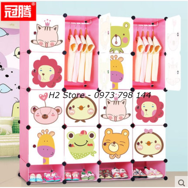 XƯỞNG TỦ NHỰA LẮP GHÉP 16 Ô &amp; 4 GIÀY HÌNH NGỘ NGHĨNH (CỬA MÈO BAY) ĐỂ QUẦN ÁO ĐA NĂNG THÔNG MINH CHO TRẺ sâu 47cm