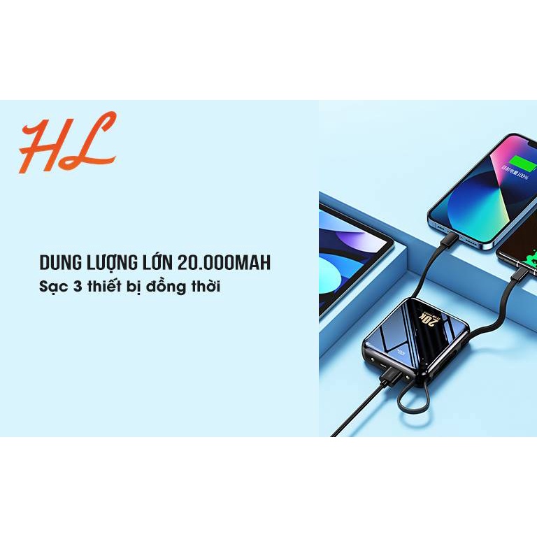 Pin Sạc Dự Phòng Remax RPP-51 20000Mah (Sạc Nhanh QC3.0, VOOC 2.0  PD20W), Tích Hợp Cáp Sạc - BH 1 Năm - Hunglongpc