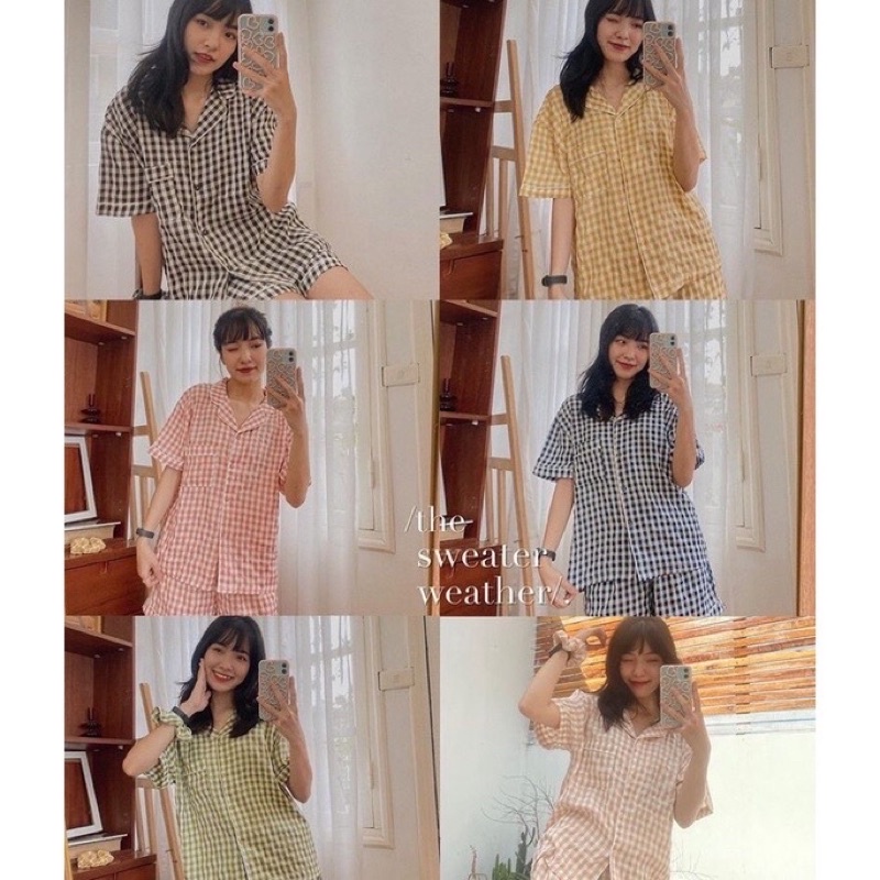 Bộ Pijama Kẻ Caro Kèm Scrunchies Siêu Xinh, Set Mặc ở Nhà | BigBuy360 - bigbuy360.vn