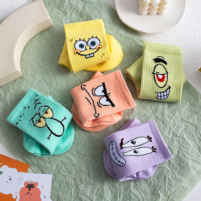 Đôi vớ thể thao ống cai in họa tiết hoạt hình Spongebob dễ thương vui nhộn thời trang thu đông dành cho nữ