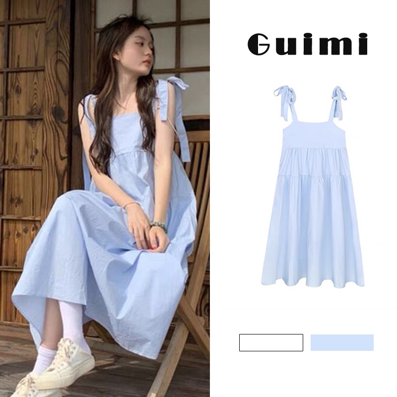 NZN Đầm lửng hai dây đính nơ phong cách Hàn Quốc thời trang