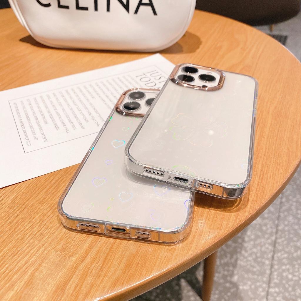 Ốp Điện Thoại Trong Suốt Màu laser gradient Họa Tiết Trái Tim / Lá Cây Thời Trang Cho iphone 13 11 12 pro max x xs xr 7 8 plus