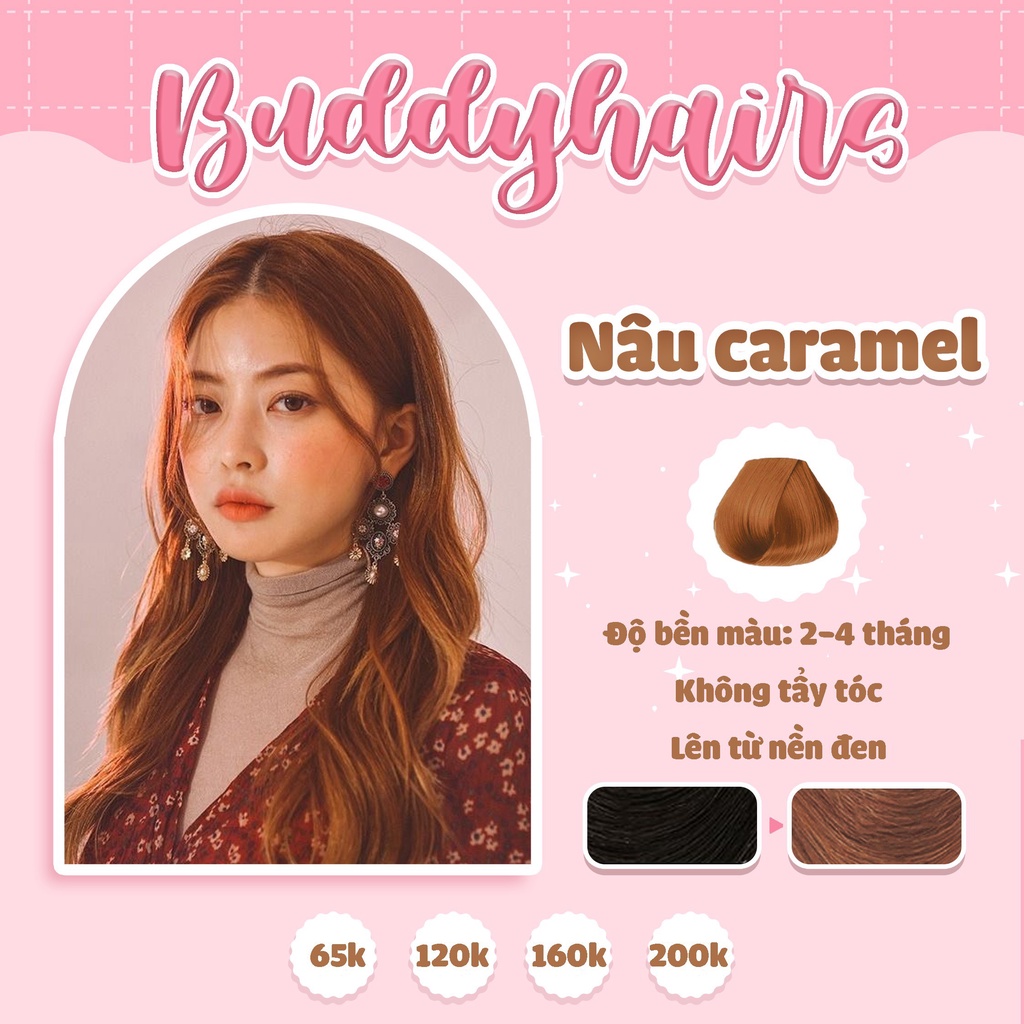 Thuốc nhuộm tóc Nâu Caramel, Nâu đồng không tẩy buddyhairs tặng kèm găng tay, mũ trùm, trợ nhuộm tiện ích