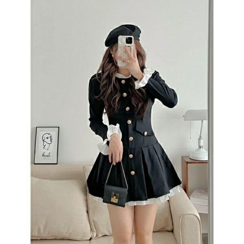 Đầm đen phối bèo trắng Cúc đồng.Hàng quảng Châu