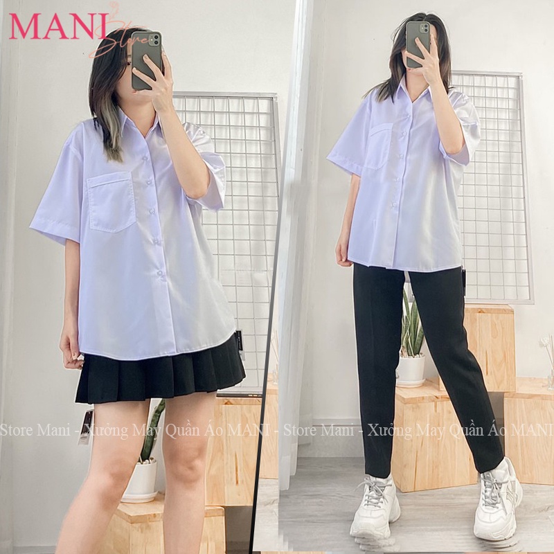Áo sơ mi nữ form rộng tay ngắn lỡ kiểu dáng basic màu trắng dáng suông style đi học sinh viên có túi ngực