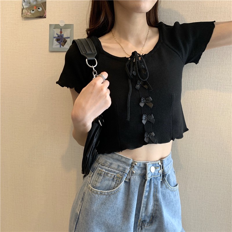 Áo croptop cổ vuông tay ngắn dây buộc điều chỉnh cổ áo chất liệu dệt kim cao cấp -ACN19