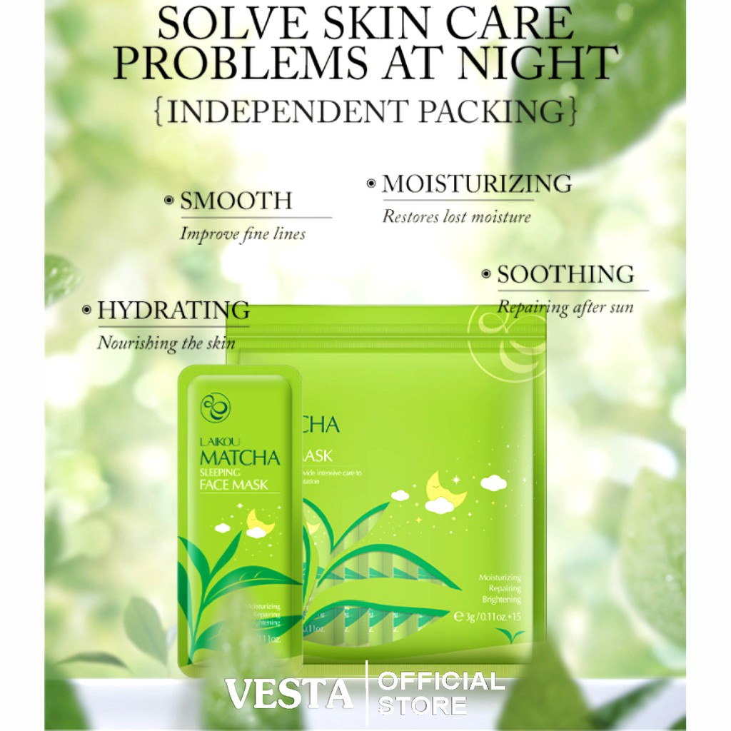 Mặt nạ ngủ matcha trà xanh - Túi 15 gói mask thạch dưỡng trắng laikou cấp ẩm sáng da | BigBuy360 - bigbuy360.vn