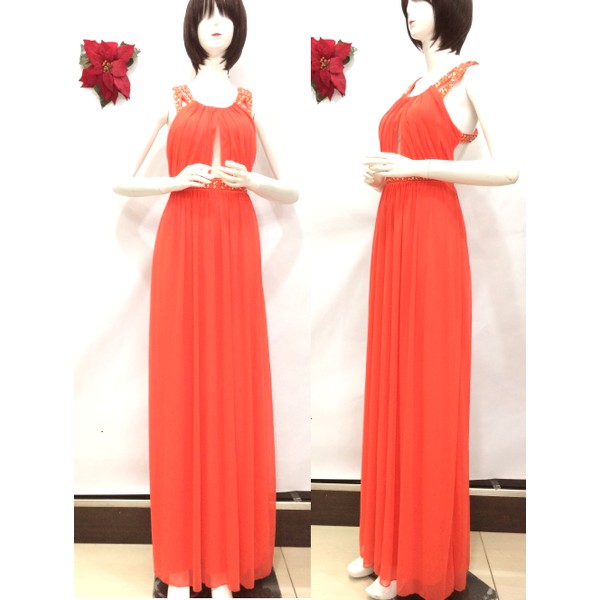 Đầm USA dạ hội màu đỏ cam kết xoàn sang trọng JDD KRISTOPHER ( TH5166 )
