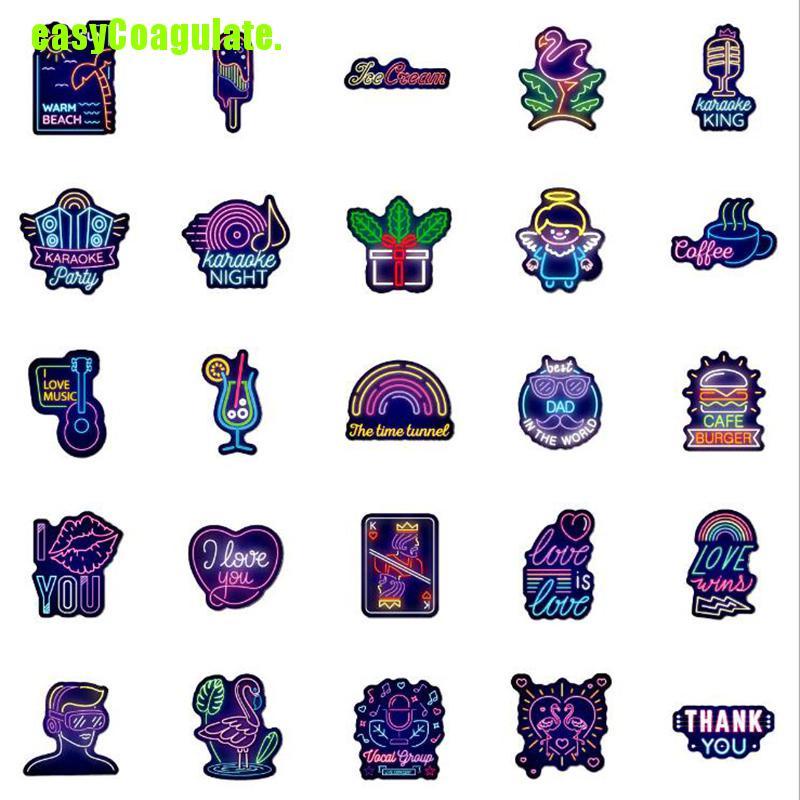 Bộ 50 miếng dán neon chống thấm nước trang trí vali/ ván trượt/ máy tính xách tay