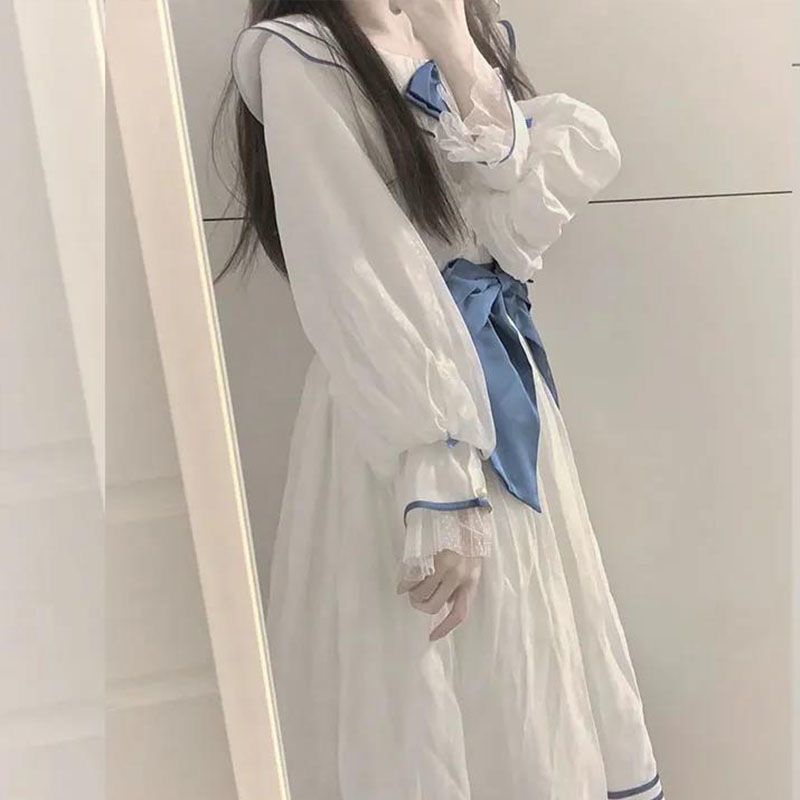 Đầm Chữ A Cổ Thủy Thủ Vải Mềm Thời Trang Xuân Thu Nhật Bản Cho Nữ