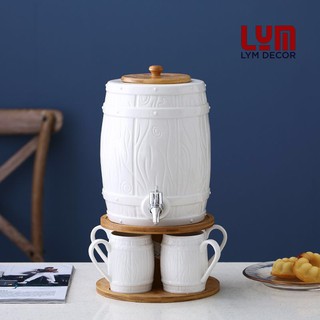 Bộ Bình sứ 5L hoa tiết thân sồi kèm giá gỗ + cốc sứ cao cấp, hàng xuất Âu